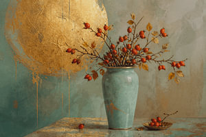 Stimmungsvolles Herbststillleben mit Hagebutten und goldener Sonne