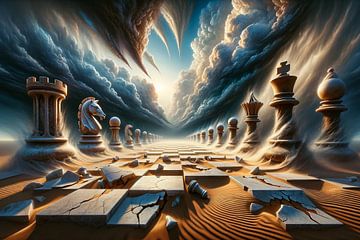 Apocalyptisch spel in het zand van de schaakwoestijn van artefacti