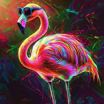 Flamingo glow - neon in feathers - stoere flamingo met zonnebril van Mel Digital Art