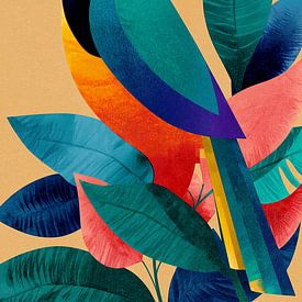 Oiseau tropical entouré de feuilles colorées sur fond jaune sur Studio Nocta