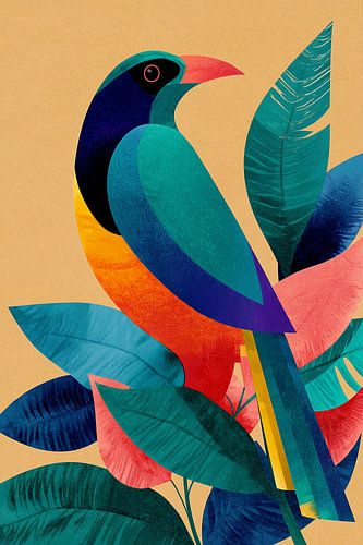 Tropical Bird surrounded by colourful leaves on yellow background