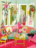 Bohème Interieur Bunte Drosseln und zwei Katzen
