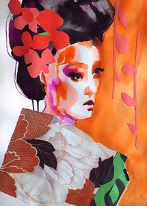 Geisha with Flowers in Hair van Helia Tayebi Art