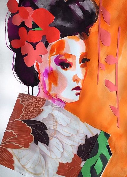 Geisha with Flowers in Hair by Helia Tayebi Art
