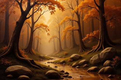 Autumnal Forest Stream with Rocks and Trees
