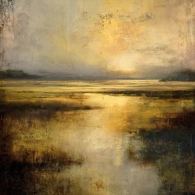 Golden Horizon - Ruhige abstrakte Malerei am Wasser von BowiScapes – Landschaftskunst