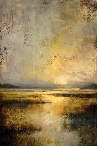 Golden Horizon - Ruhige abstrakte Malerei am Wasser von BowiScapes Abstrakt und digitale Kunst