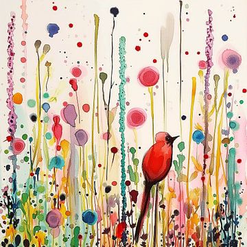 La danse des fleurs colorées et de l'oiseau rouge sur Color Square