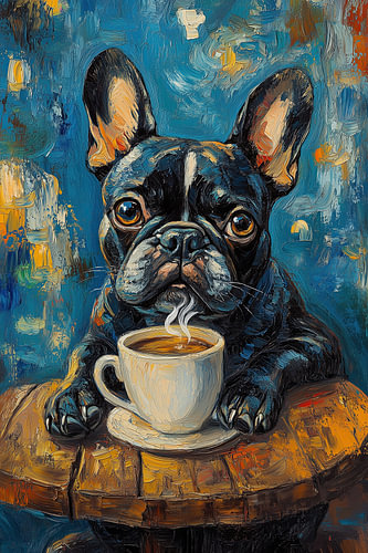 Franse buldog: koffie in de ochtend