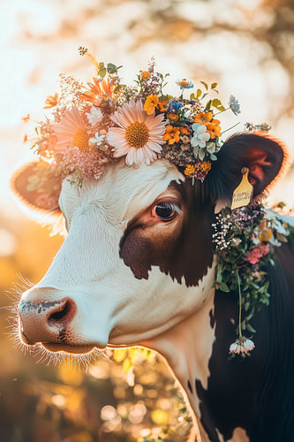 Cow with corollas in the sunlight