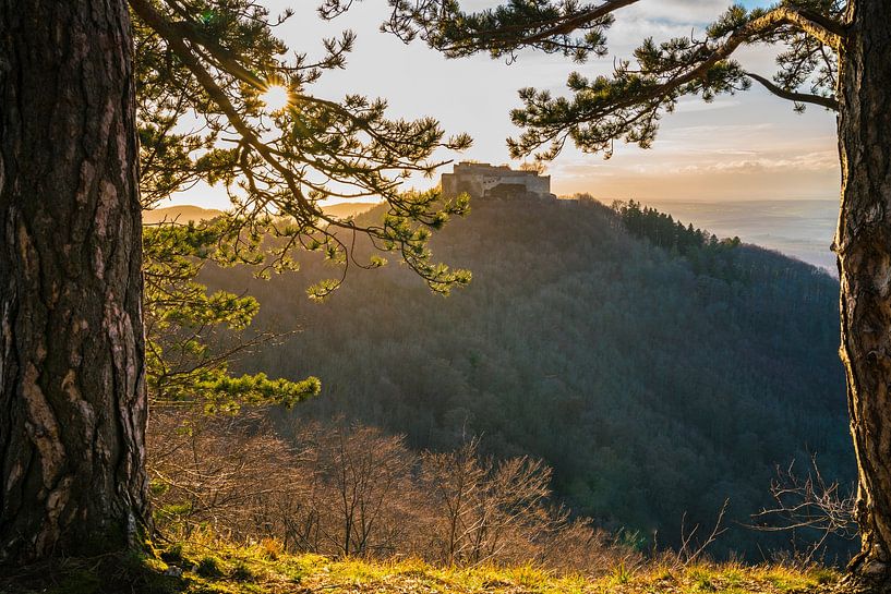 Allemagne, Vue du ciel au coucher de soleil orange chaud au-dessus du château de Hohenneuffen par adventure-photos