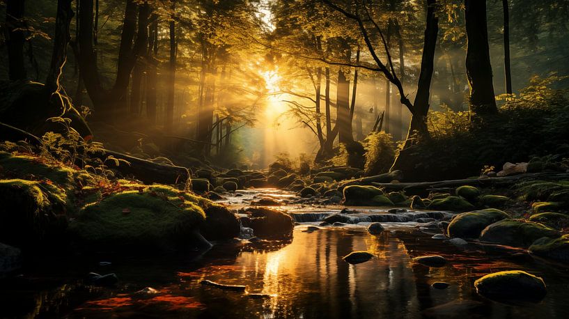 Lever de soleil dans une forêt d'automne avec de la mousse verte par Animaflora PicsStock