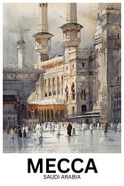 Das heilige Licht der Pilger | Mekka, Saudi-Arabien – Architektur-Wandbild in Aquarelltechnik von Jaladri Atelier