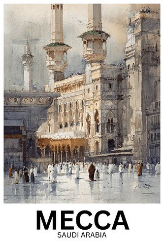 Heilig Licht van de Pelgrims | Mekka, Saoedi-Arabië – Architecturale wanddecoratie in aquarel