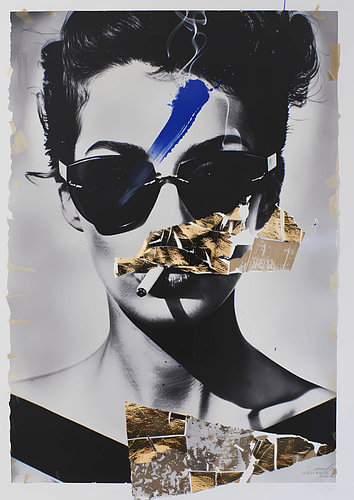 Abstract portrait of a woman wearing sunglasses and holding a cigarette – a modern mixed-media collage in black and white, gold and blue