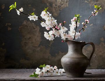 Still life of a blossom branch in old jug by John van den Heuvel