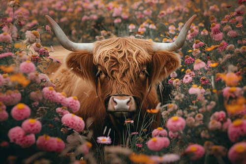 Scottish Highlander in Sea of Flowers
