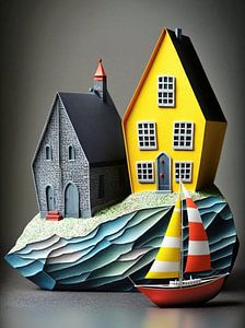 Miniaturlandschaft Porzellan Küste Häuser Segelboot surreal