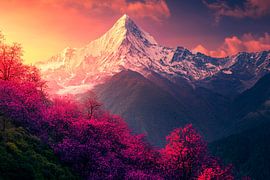 Paysage de montagne avec des arbres en fleurs sur Poster Art Shop