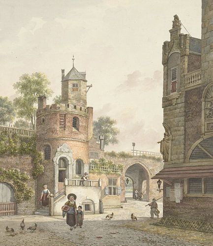 Stadsmuur met een toren en een poort, van binnen gezien, Jan Hendrik Verheijen