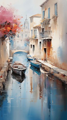 Schilderij van een steeg in Venetië, Italië, met gondels in olieverf, verticaal vormgegeven