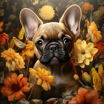 Franse Bulldog met bloemen van Rosa Piazza