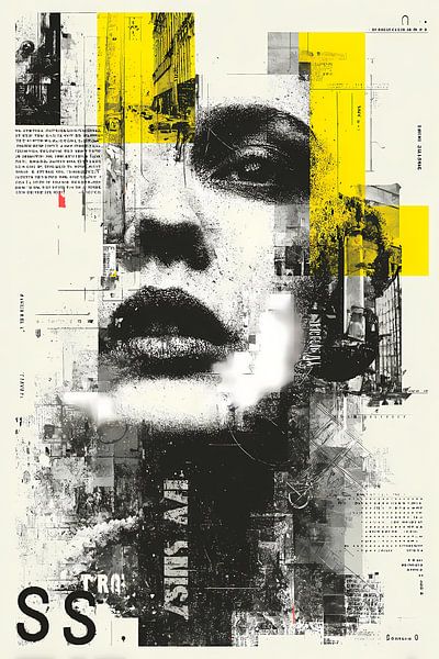 Portrait abstrait de femme en noir et blanc avec des accents jaunes - Art moderne du collage par Niphion Art