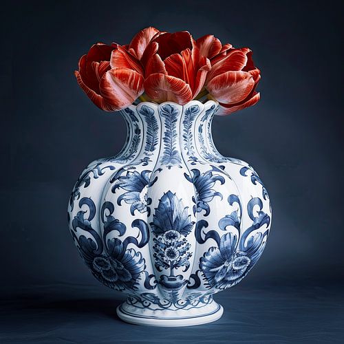 Still life red tulips and Delft blue vase