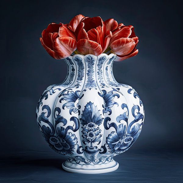 Still life red tulips and Delft blue vase by Vlindertuin-Art