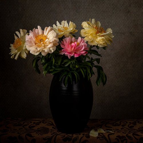 Peonies in black vase on table