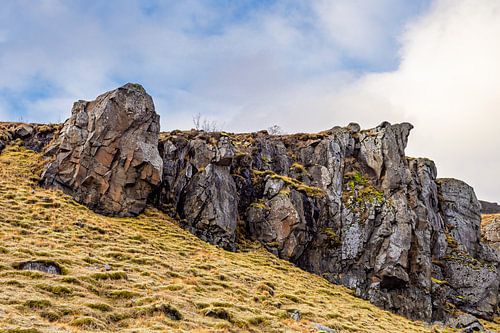 Landschap met rotsen en gras in het oosten van IJsland van Rico Ködder