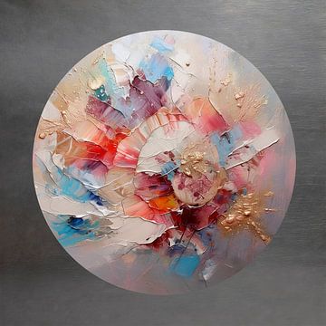 Abstract rond schilderij:  Bloemen - metaaleffect rand van Studio Pieternel