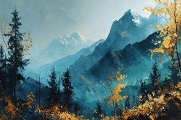 Paysage de montagne en bleu avec des accents dorés sur Studio Allee