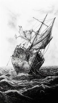 Oude zeilboot zinkt in een storm op ruwe zee van Frank Heinz