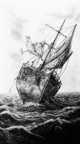 Oude zeilboot zinkt in een storm op ruwe zee