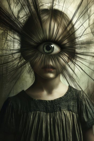 Visioen van Innerlijke Diepten - Surrealistisch Portret met Oog van Eva Lee