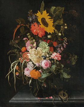 Stilleven van rozen, anjers, goudsbloemen en andere bloemen, Maria van Oosterwijck