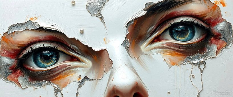 Vanuit de stilte van wit - het gefragmenteerde, bizarre gezicht van een vrouw wier blik de leegte doorbreekt en de kijker dwingt tot een stille dialoog tussen verhulling en onthulling van AidasignArt