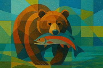 Ours avec un saumon dans la bouche, illustration géométrique. sur Johannes