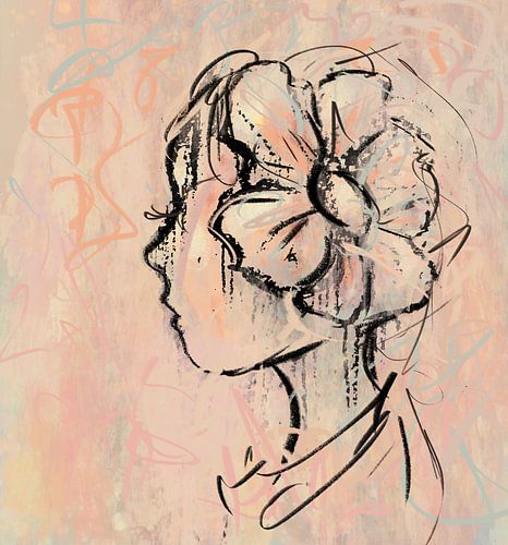 Meisje met bloem - houtskool tekening met zwart roze en oranje kleuren