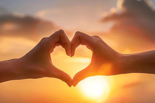 Handen vormen hart bij zonsondergang