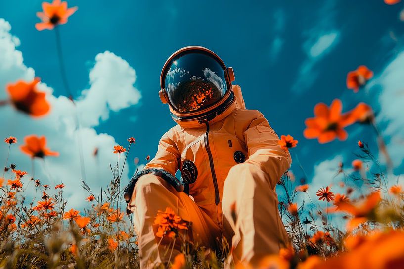Astronaut in buntem Blumenfeld – Traumhaft von Poster Art Shop