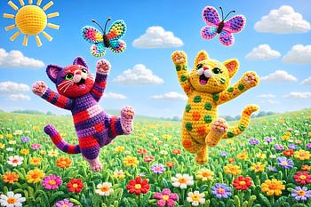 Tanzende gehäkelte Katzen im Blumenfeld