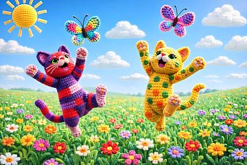 Dancing crochet cats in field of flowers by Linda de Klein
