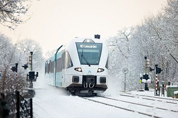 Arriva trein in de sneeuw tussen Groningen en Leeuwarden van Stefan Verkerk fotografie