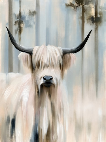 White Scottish Highland cow in a gentle woodland landscape