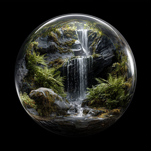 Wasserfall mit Farnen auf Felsen in einer Glaskugel