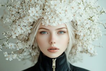 White Flowers And Blue Eyes | closeup portret van stoere jonge vrouwen met krachtige blauwe blauwgrijze ogen met bloemenpracht kroon op haar hoofd