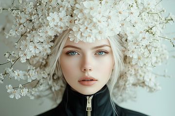 White Flowers And Blue Eyes | closeup portret van stoere jonge vrouwen met krachtige blauwe blauwgrijze ogen met bloemenpracht kroon op haar hoofd van Sander van der Torren