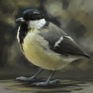 Parmesan grand tit.  Arrière-plan dans les tons de jaune, vert et gris. Belle peinture d'un petit oi sur Emiel de Lange